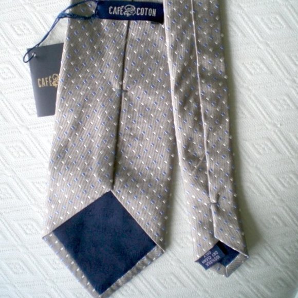 NEW CAFE COTON made in France beige blue pin dot geometric 100% silk tie - Picture 3 of 3